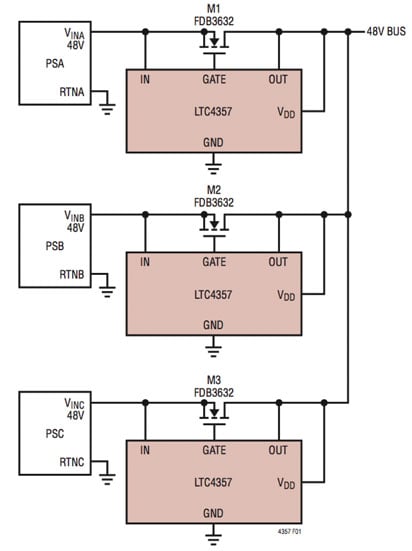 Typical load sharing configuration using the LTC4357 from Linear Technology Typical load sharing configuration using the LTC4357